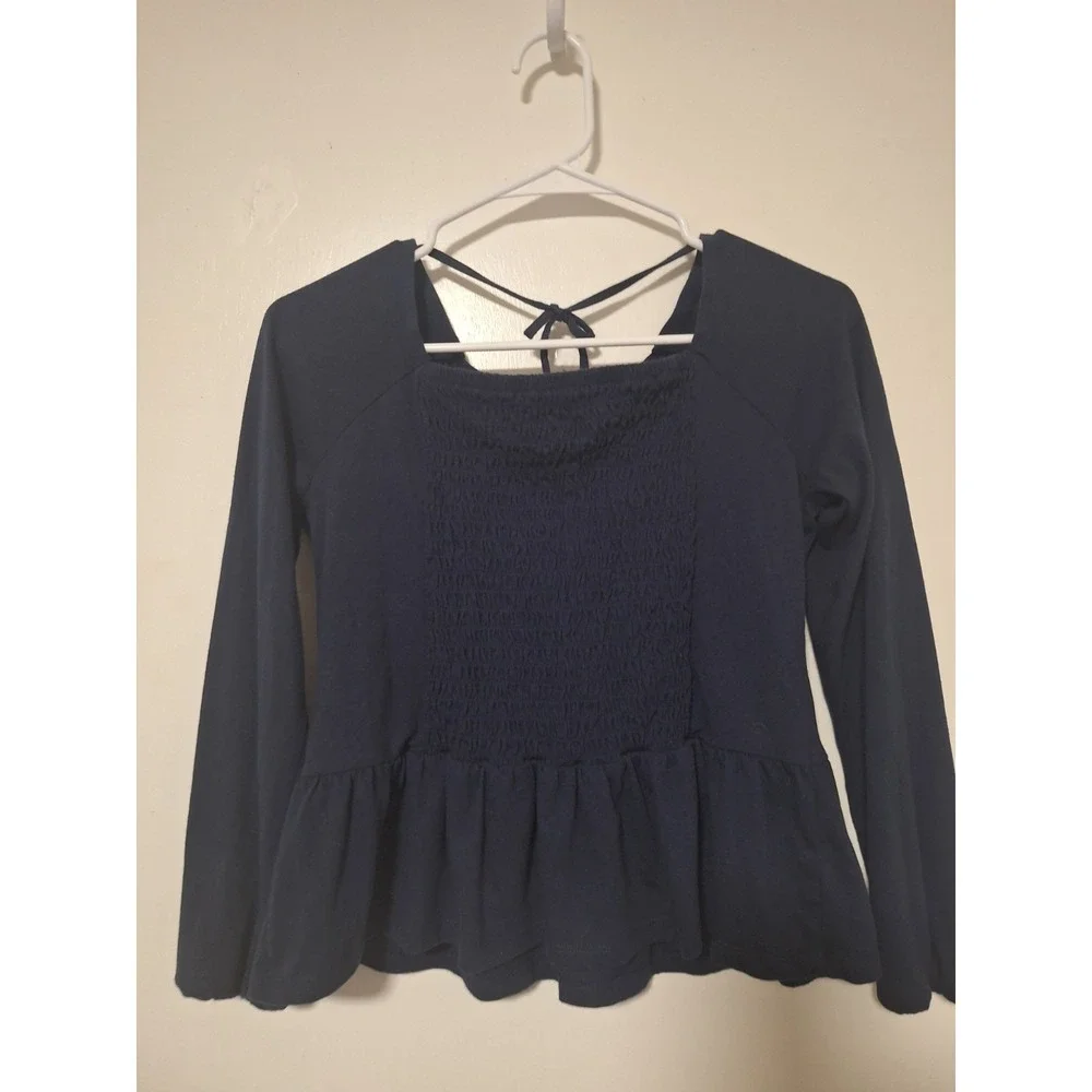 The Children's Place Girls Size 14 Navy Solid Square Neck Long Sleeve Peplum Top